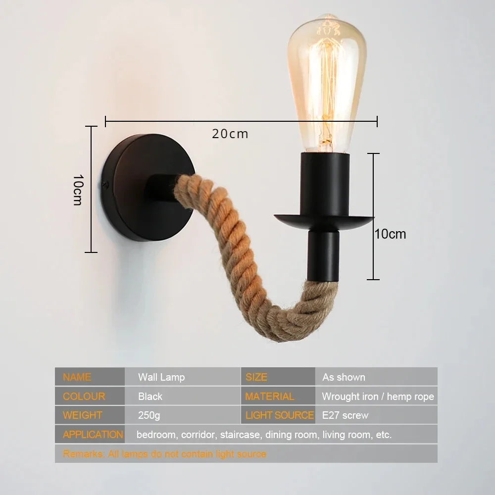 Country Retro Industrial Wind Wall Lamp Hemp Rope Wrought Iron Wall Lamp 3-8 Square Meters Bar Cafe Restaurant Corridor Study