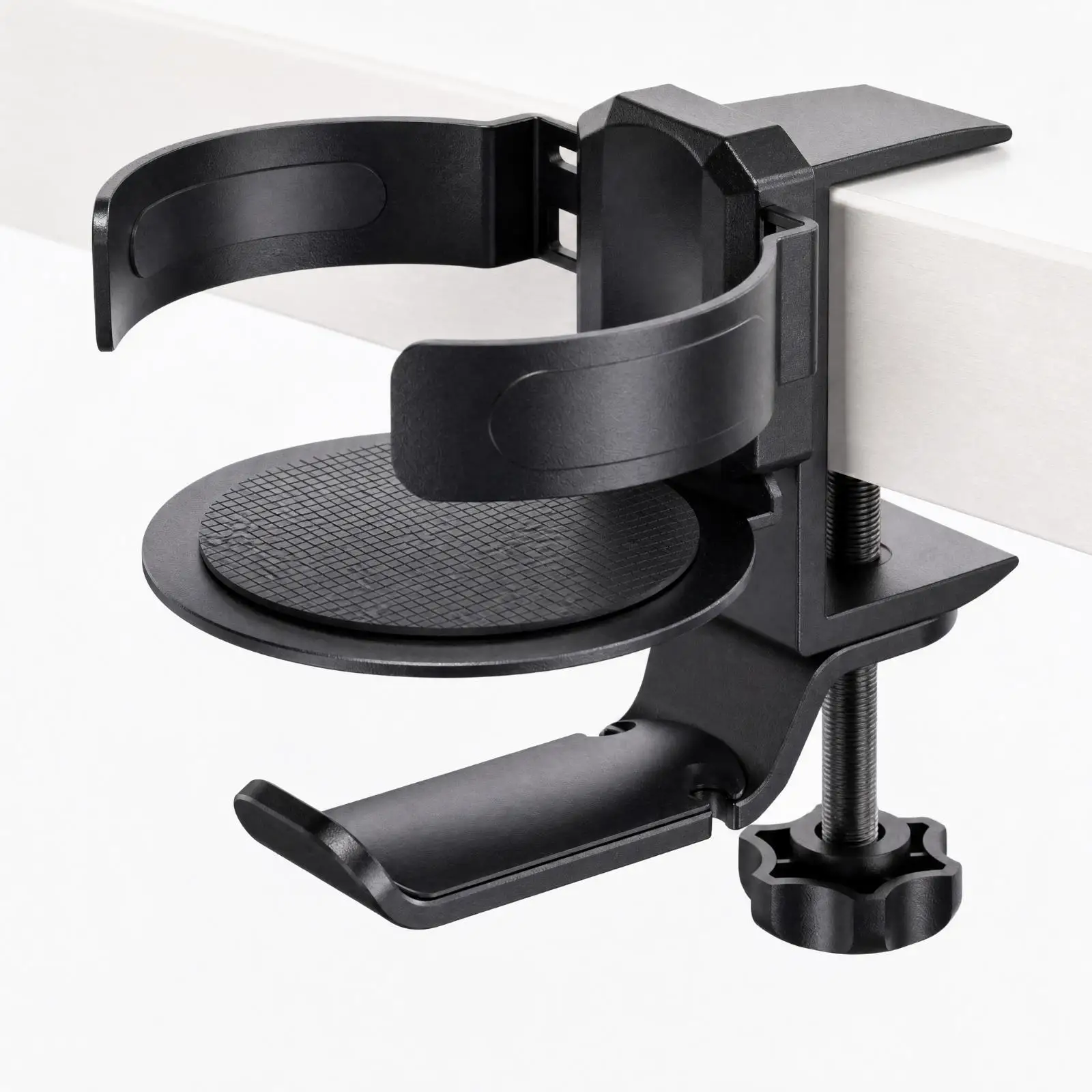 Clamp on Desk Shelf Headphone Holder with Built in Cup Holder for over Ear Headphones Aluminum Alloy Mount