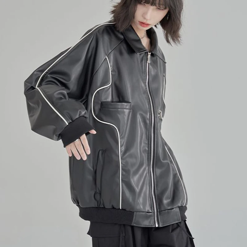 Jmprs-Veste de Motard Harajuku en PU Noir pour Femme, Manteau Rétro Américain en Fausse Fourrure avec Fermeture Éclair, Streetwear Décontracté à Manches sulf