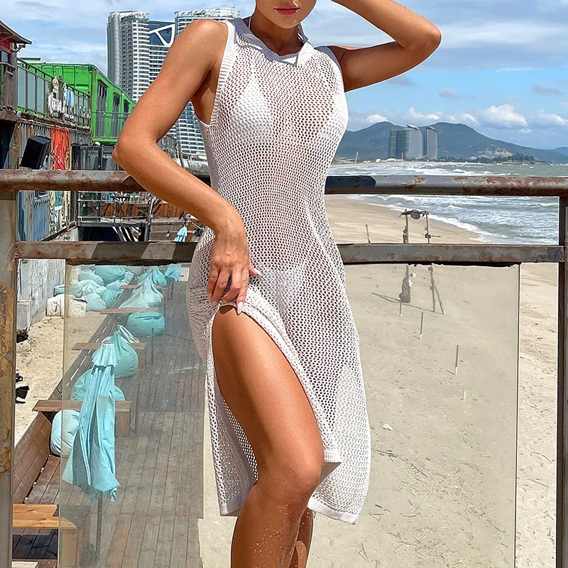 BWQ Summer Holiday Sexy High Slit Knitted Texture Swimsuit Cover Up Women Round Collar Solid Color Hollow-Out Sunscreen Dress