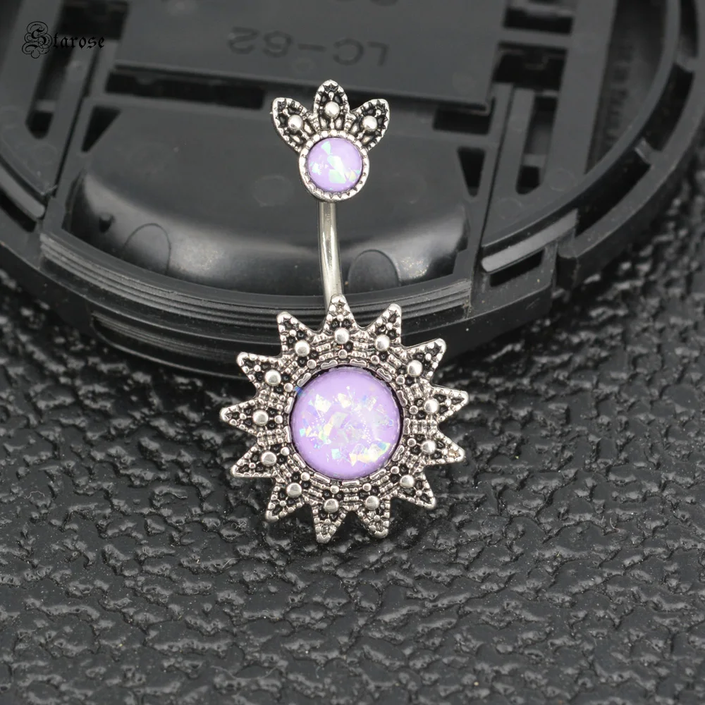 1.6x8mm pietra viola sole Piercing alla pancia bilanciere in acciaio inox Piercing all'ombelico gioielli falso opale ombelico anelli gioiello del partito