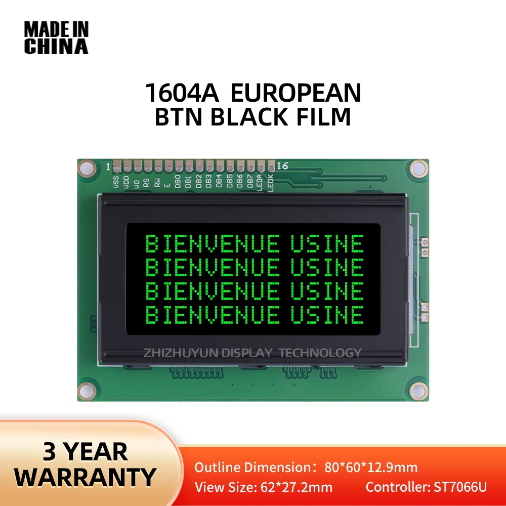 1604A LCD หน้าจอแสดงผลแบบยุโรป3.6นิ้วฟิล์มสีดำตัวควบคุม ST7066U ข้อความสีเขียวห้องสมุดอักขระหลายตัว