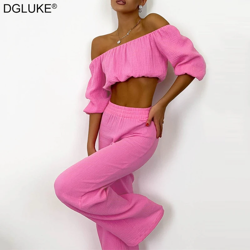 

Summer Linen Long Pants Sets Women 2 Piece Outfits 2024 Fashion Holiday Outfits For Women Crop Top And Wide Leg Pants Co ord Set