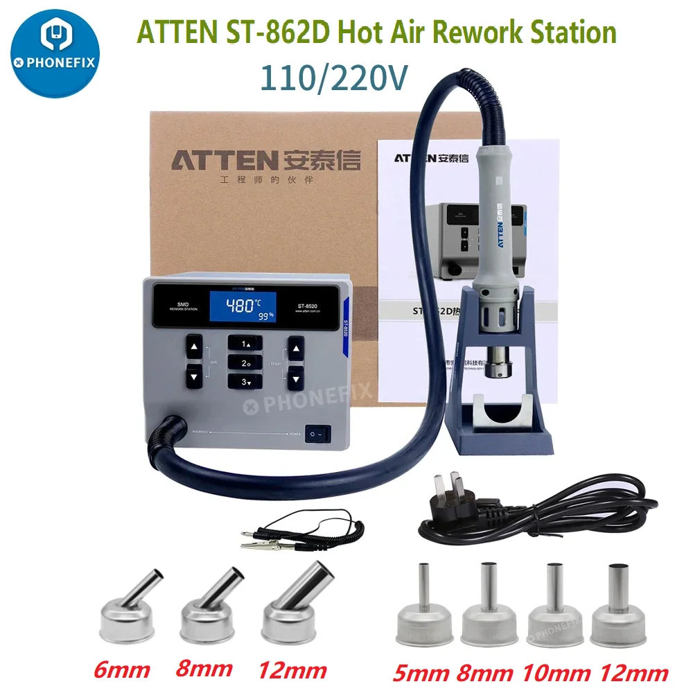 

ATTEN ST862D BGA Rework Station 1000W Whirlwind Hot Air Gun Soldering Station 6/8/12mm Curved 5/8/10/12mm Straight Nozzles