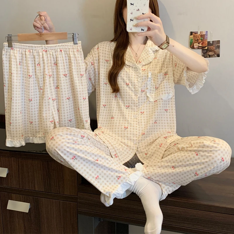 

Women's Pajamas Cherry Plaid Print Sleepwear Button Top Korean Casual 3 Piece Suit Pyjama Femme Nightwear Loungewear for Summer