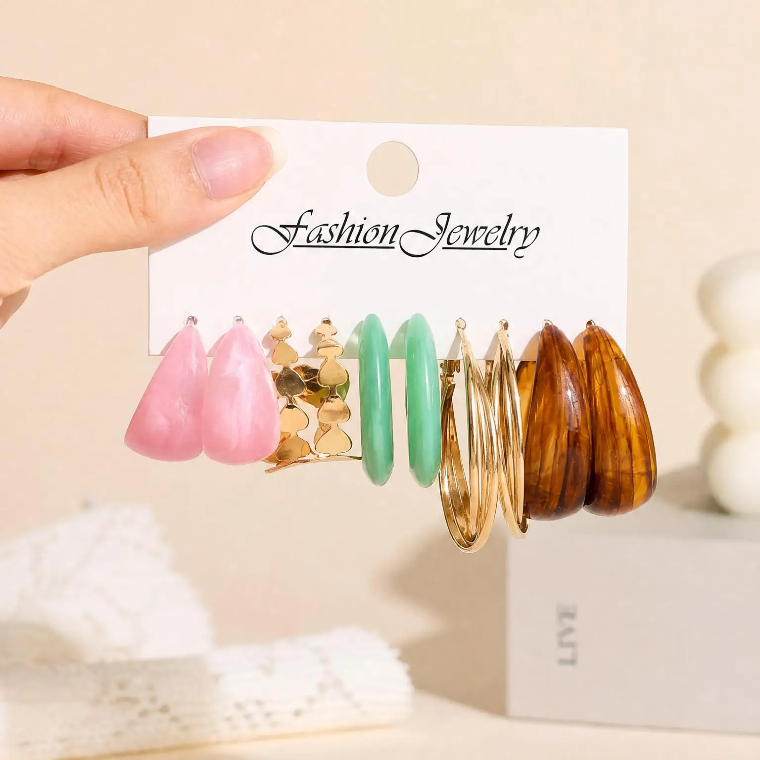 New Cross Border Colorful Acrylic Alloy Hoop Stud Earrings Minimalist Geometric Metal Earrings With Fresh Summer Texture