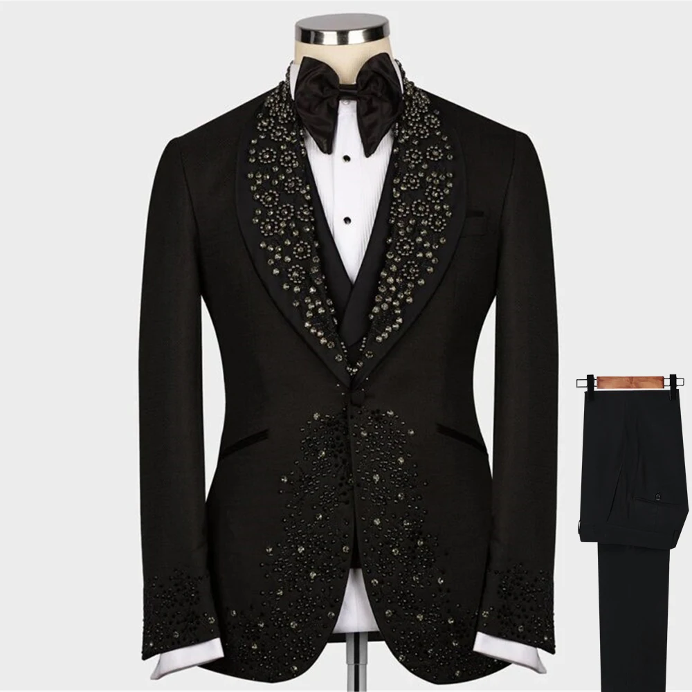 

Black Wedding Suits Formal Groom Tuxedos Tailor Made Beads Diamonds Jacket Vest Pants Sets Formal Party Prom Banquet Blazer Set