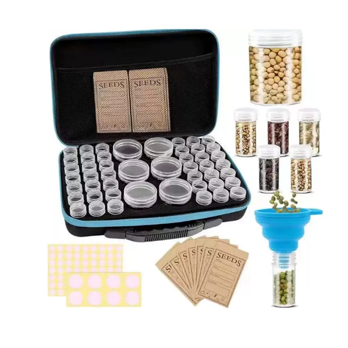 ABJS 48 Slots Seed Storage Organizer Box, Garden Vegetable Plant Flower Seed Saving Kit with 2 Sizes Storage Bottles