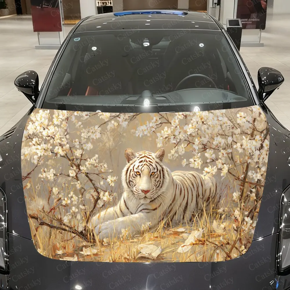 Flower Cluster Secret Realm and Auspicious White Tiger Car Vinyl Wrap, PVC Material Waterproof Car Hood Sticker, Self-Adhesive S