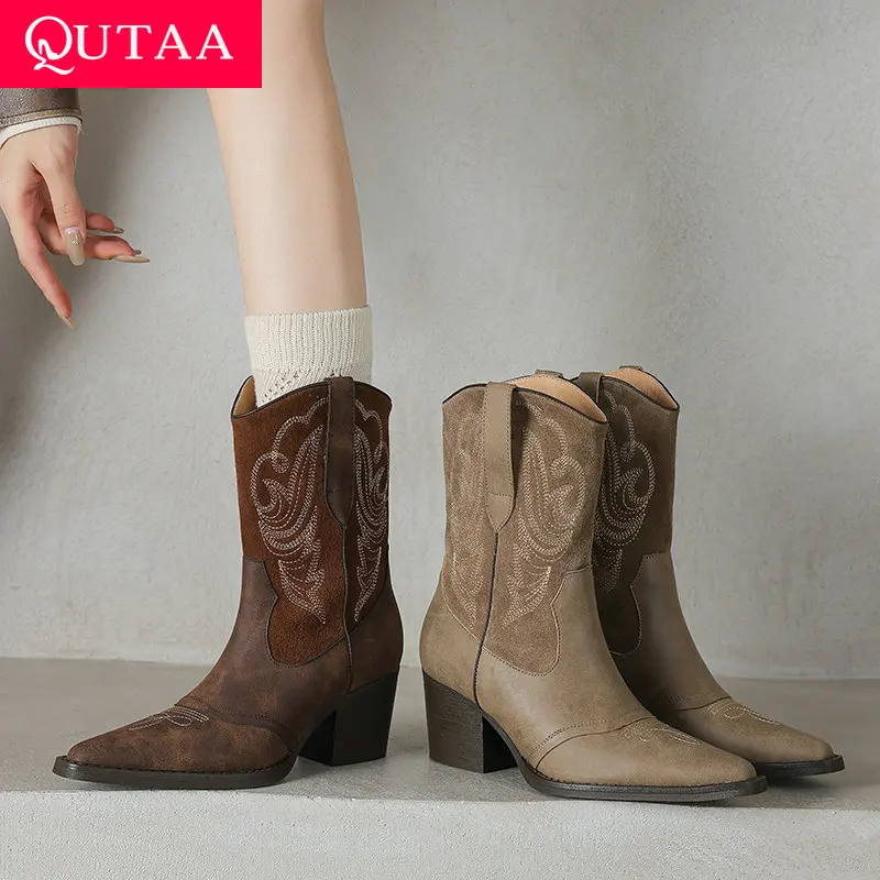

QUTAA 2026 Fashion Women Winter Mid Calf Boots Cow Leather Autumn Western Shoes High Heels Square Toe Dress Lady Boots 34-39