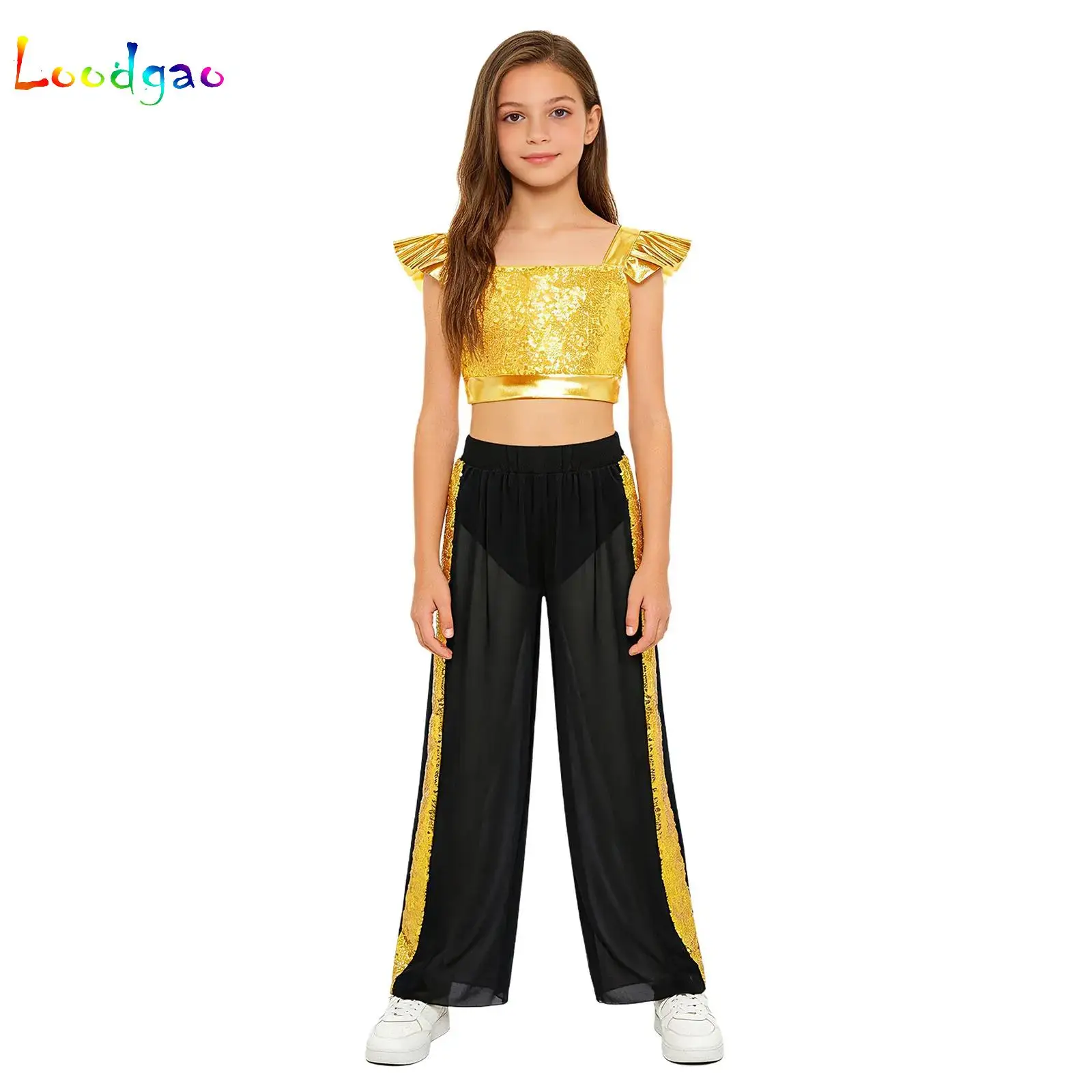 Kids Girls Jazz Dance Outfit Sleeveless Sequins Crop Top with Side Slit Dance Pants Latin Tango Salsa Jazz Performance Costume