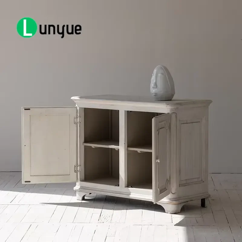 European Country Style Antique White Sideboard Recycled Pine Wood Cabinet Living Room Storage Furniture Vintage Design