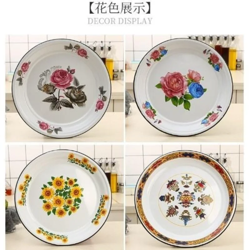 Vintage Enamel Tea Tray Multifunctional Dim Sum Fruit Nut Serving Plate Enamel Kitchenware with Various Patterns for Home Use