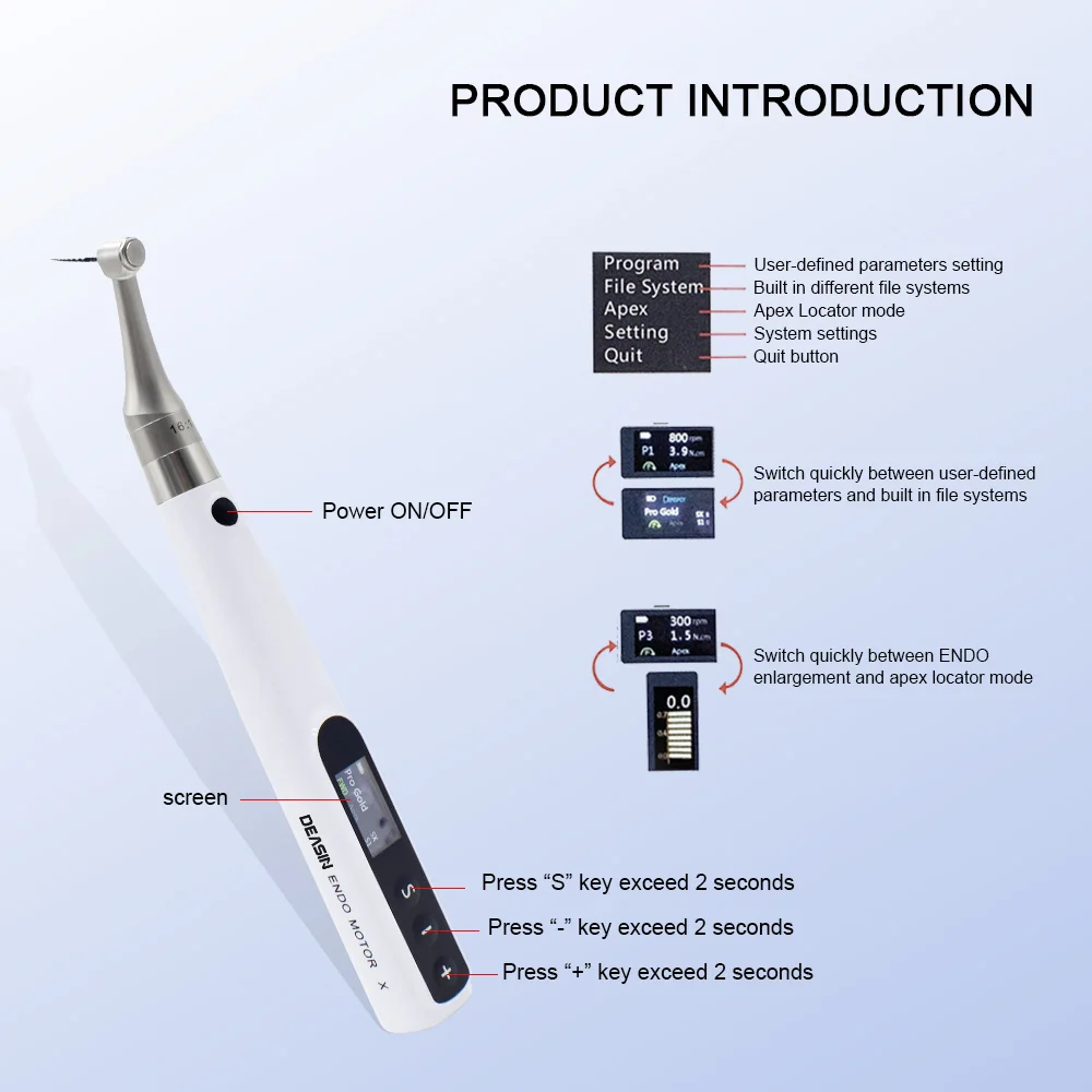 DEASIN 2 in 1 Dental Endo Motor with Apex Locator Wireless Endodontic Treatment Colorful OLED Screen with 16:1 Contra Angle