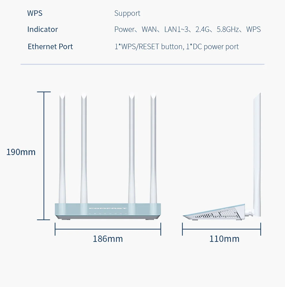 COMFAST-Routeur WiFi domestique 1200Mbps 2.4G/5.8GHz, amplificateur de routeur sans fil WPS 4 répéteur d\'antenne à gain élevé CF-WR616ACV2