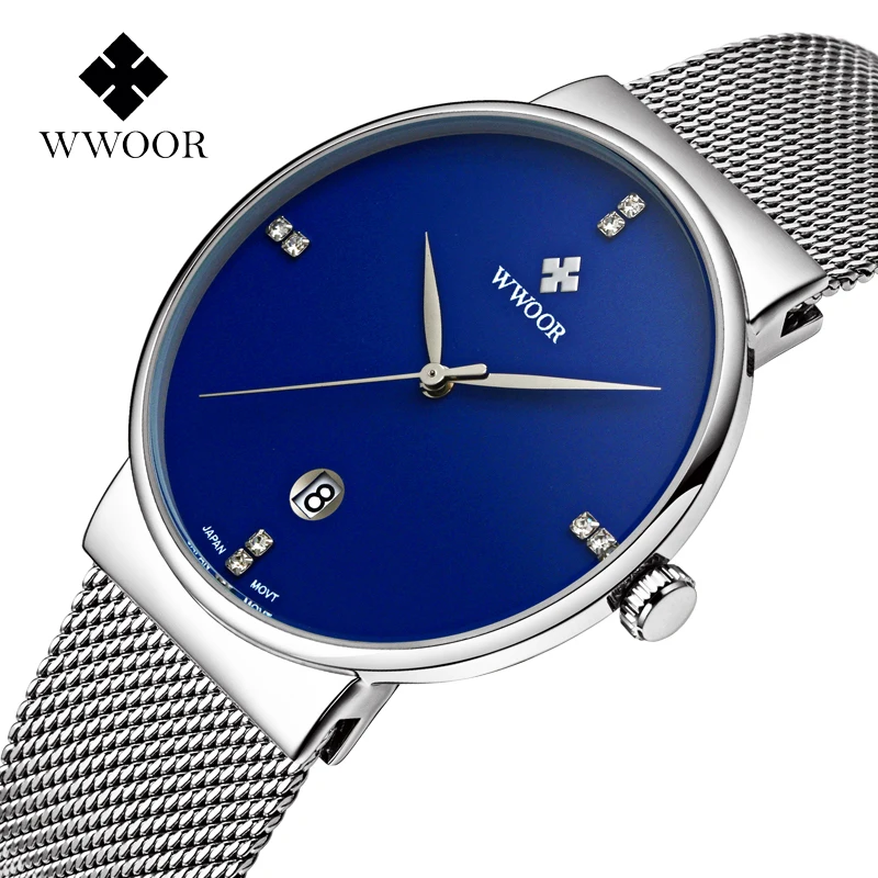 

WWOOR Luxury Watches Gift For Men Silver Blue Simple Fashion Ultra Thin Men Bracelet Watches Date Quartz Clock Relogio Masculino