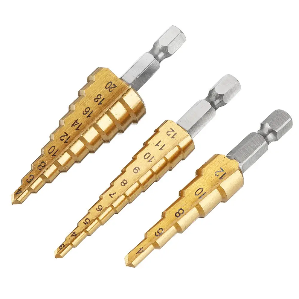 Drillpro-HSS Titanium Coated Step Drill Bit, Aço de alta velocidade, Metal, Cortador de madeira, Cone Drilling Tool, 3Pcs, 3-12, 4-12, 4-20mm, PCes 3