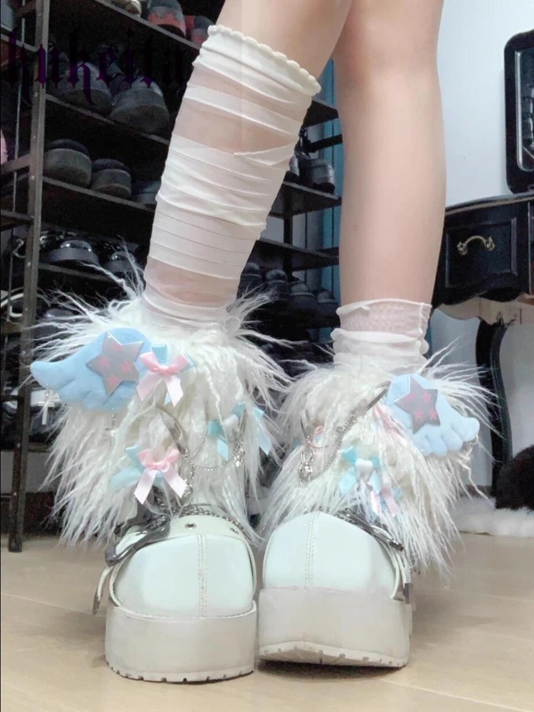 Harajuku Star Plush Wings White Furry Leg Warmers Socks Women Y2k Japanese Kawaii Sweet Bow Leg Cover Winter Warm Boot Cover