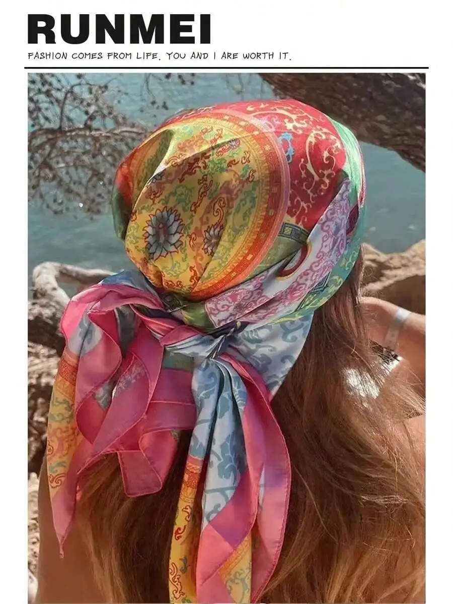 

Printed satin square scarf, fashionable women's headscarf, can be used as a belt, bag decoration, ribbon, headband or scarf,