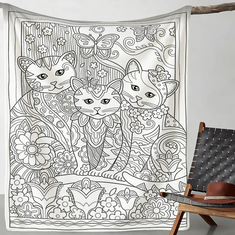 Coloring Page Cat Floral Throw Blanket, Bohemian Line Butterfly Warm Fleece for Couch Trip Household Creative Room Decor