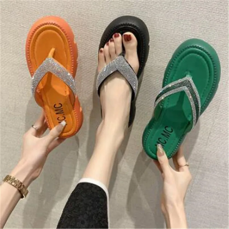 2024New Summer Flat Platform Orange Slippers Women Sandals Luxury Crystals Shoes 5cm Chunky Sole Cool Slides