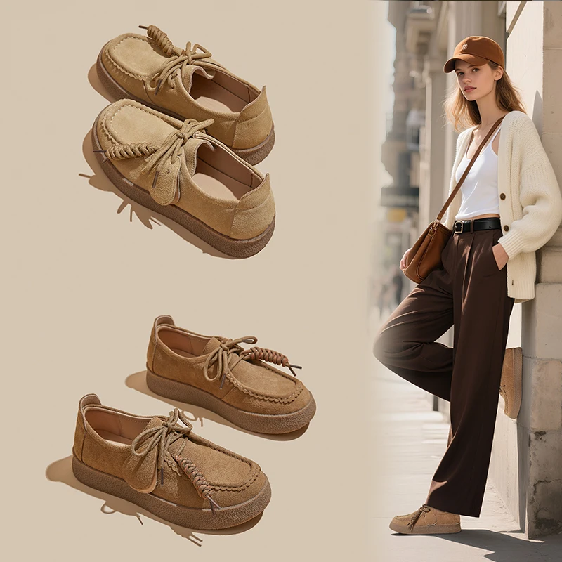 

Новые женские замшевые мокасины 2026 года в британском стиле на платформе с креповой подошвой, лоферы, ретро-туфли из овчины, повседневные балетки с мягкой подошвой