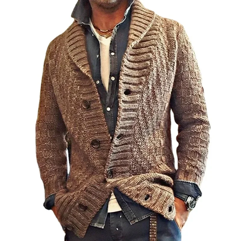 Camisola de malha de manga comprida masculina, casaco monocromático, lapela retrô, novo estilo, outono e inverno, 2022, S-3XL