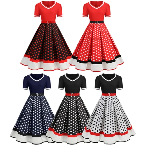 Vestido de fiesta Retro Vintage de los años 50 y 60, cinturón con estampado de lunares, bata Hepburn de manga corta, vestidos con botones Rockabilly Pin Up