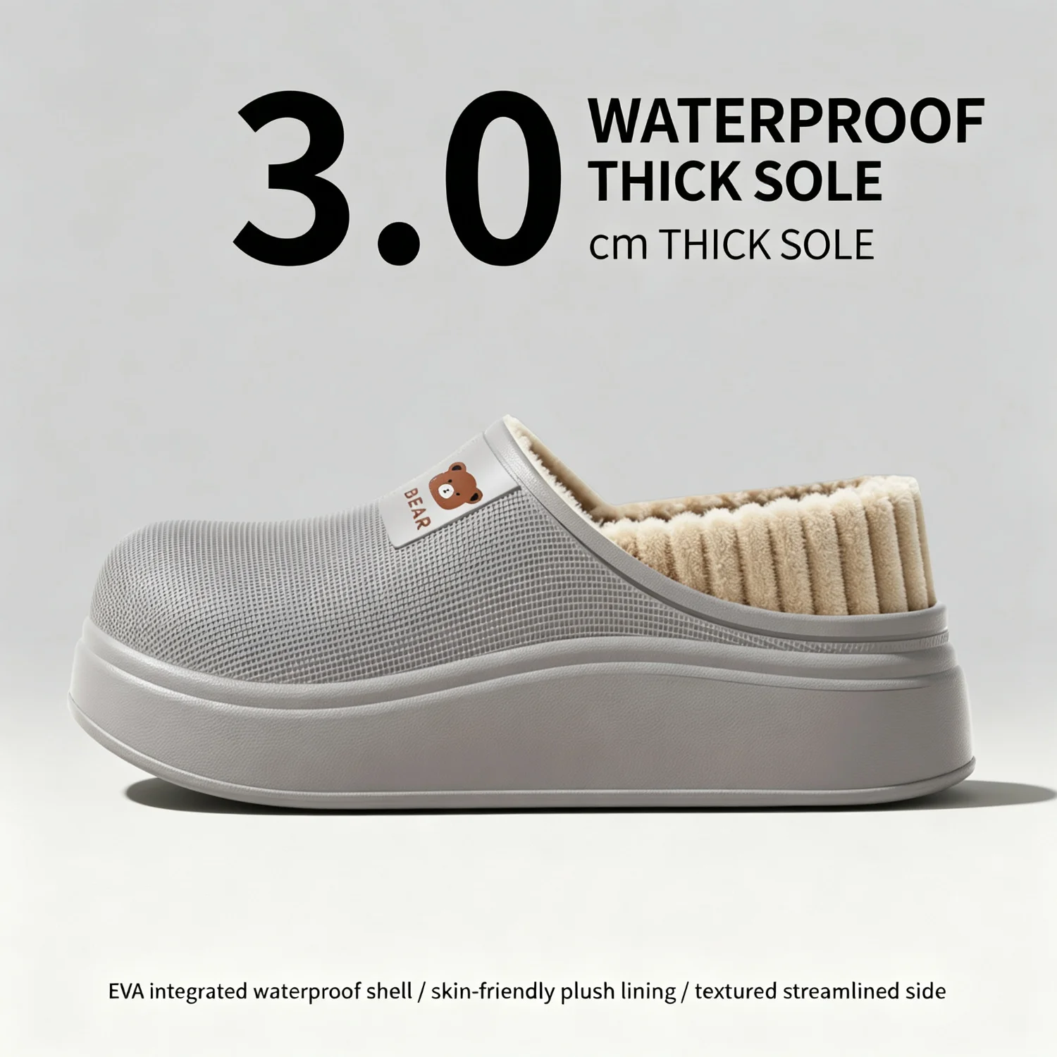 Wasserdichte Winter-Hausschuhe für Damen und Herren, 4 cm dicke Sohle, flauschig warm, für den Innenbereich, rutschfest, mit Fell gefüttert, weiche, gepolsterte Clogs. – Detail 17