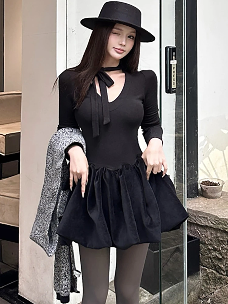 2025 Black Long Sleeve Bow V-Neck Sexy Mini Dress Women Knitted Patchwork Ruffled Prom Dress Autumn Winter Korean Bodycon Dress
