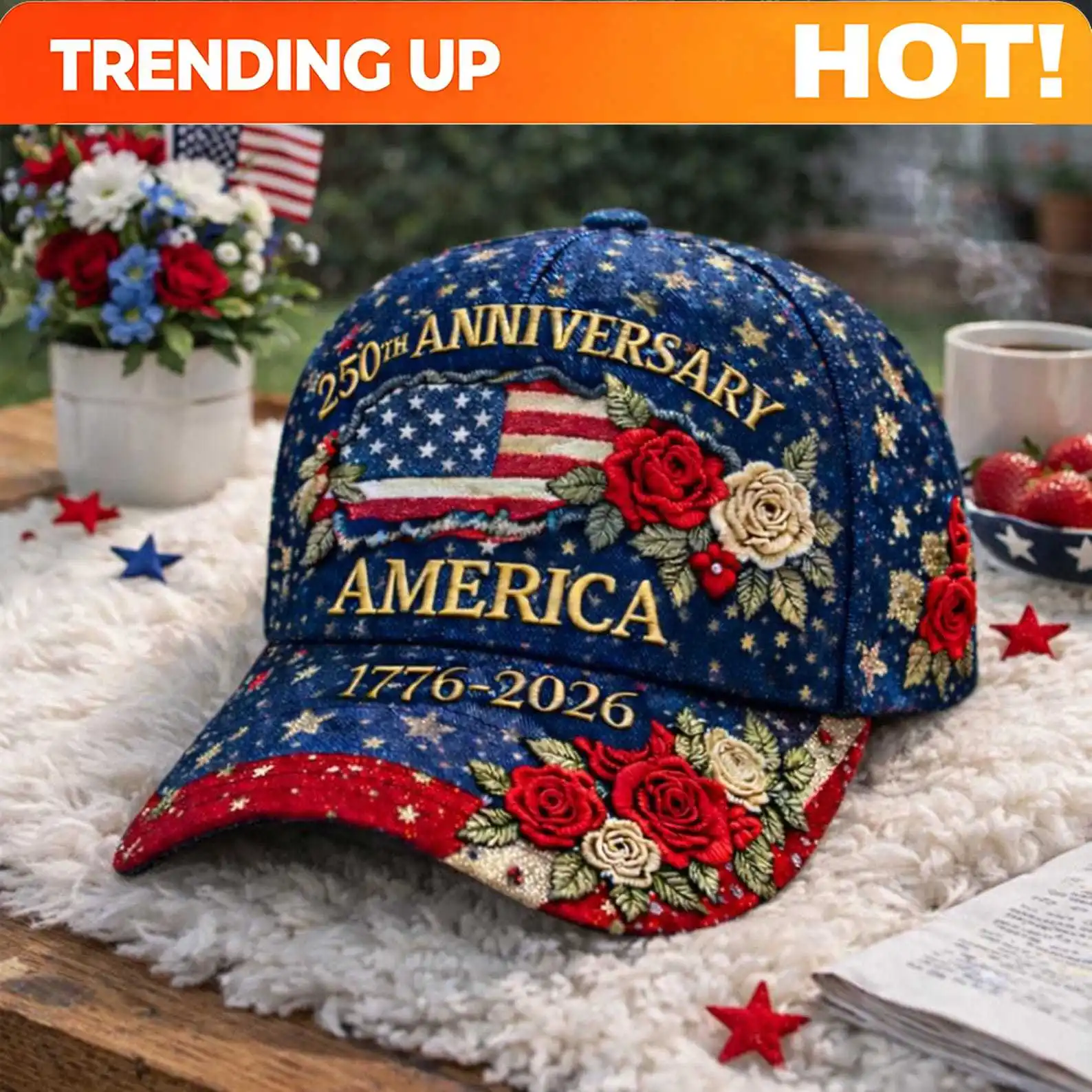 250th Anniversary America Hat 1776-2026, Patriotic 3D Printed Cap, USA Flag Floral Baseball Hat, 4th of July Gift for Women, All