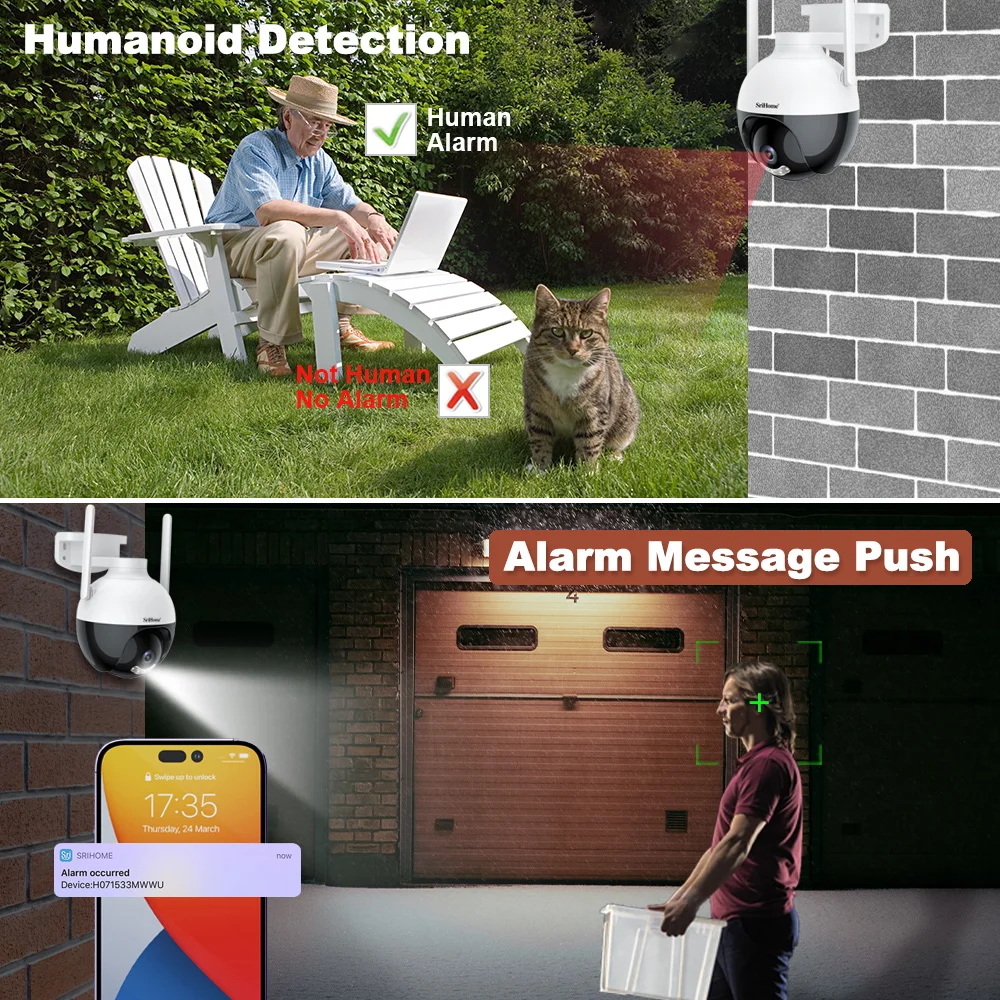 Srihome FHD Outdoor Wifi Camera Surveillance Night Vision Full Color Ai Human Tracking 3X Digital Zoom Video Security Monitor