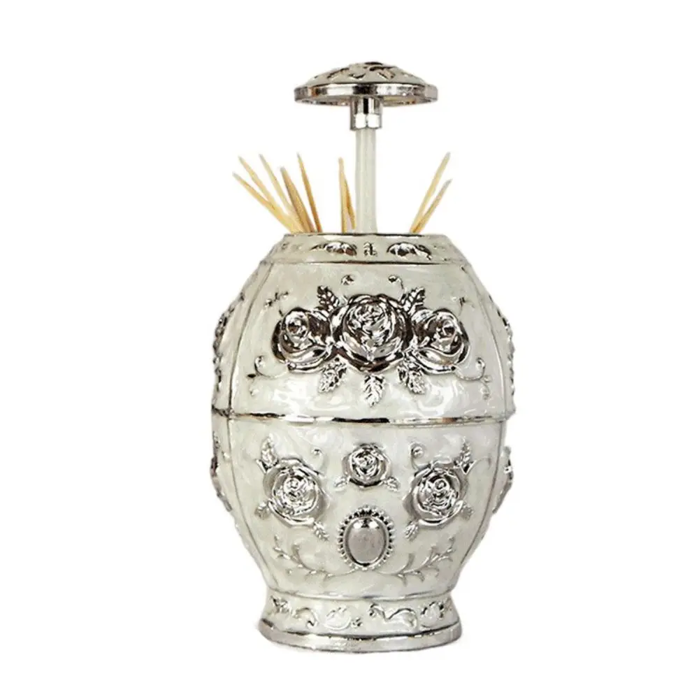 

Egg Shaped European Style Toothpick Box Press Type Embossed Rose Pattern Toothpick Organizer Automatic Retro