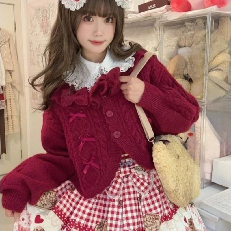Japan Sweet Lolita Knit Cardigan Women Kawaii Bow Ruffle Lantern Sleeves Cropped Knit Sweaters Autumn Aesthetic Layering Outfit