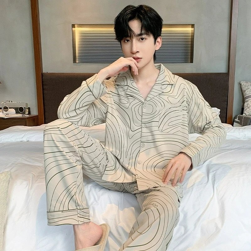 High-end Pajamas Men's Spring Autumn Cardigan Long-sleeved Trousers Large Size Can Be Worn Outside Casual Youth Loungewear Suit