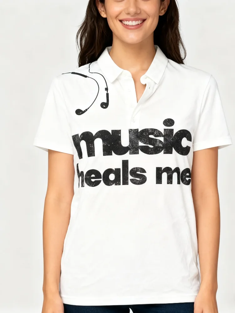 2000er Jahre Brief Kopfhörer Druck High Street Polo Kragen Taste Mode Kurzarm T-shirts Frauen Sommer Harajuku Kreative Tops
