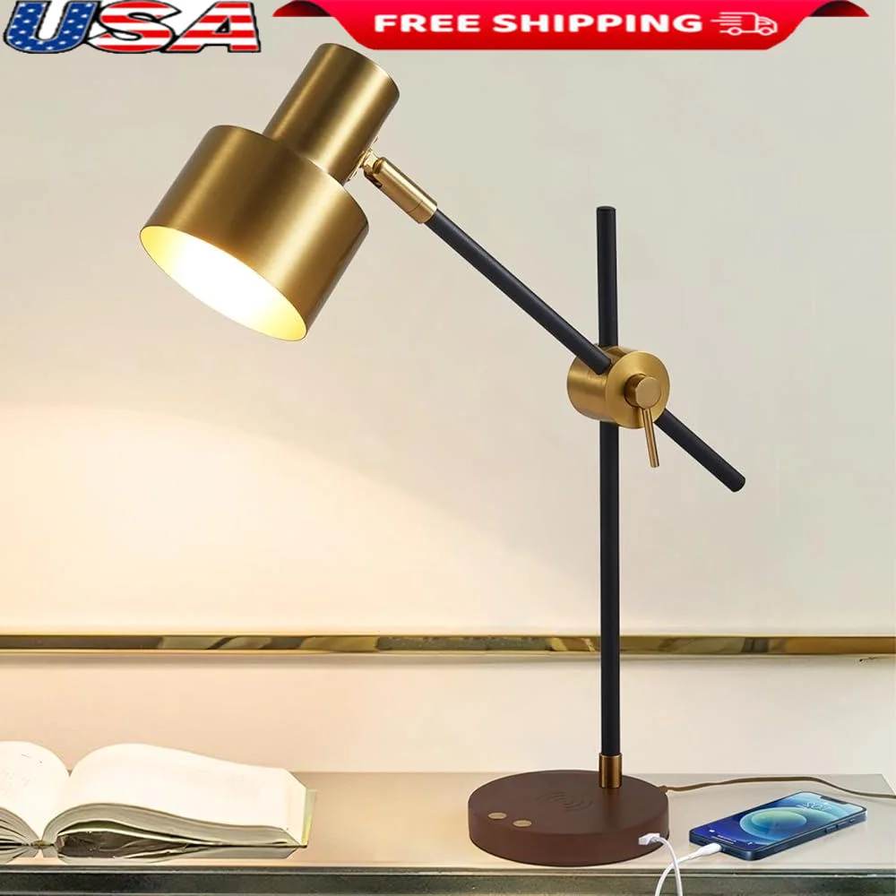 Adjustable Desk Lamp with Wireless Charger USB Charging Port Touch Control Dimmable Timing Function Metal Swing Arm Table Lamp