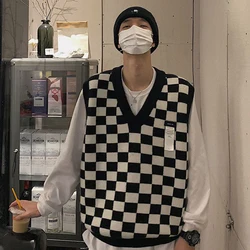 Chaleco con estampado a cuadros para hombre, suéter con cuello en V, estilo Preppy, Harajuku, informal, de gran tamaño, a la moda, color blanco y negro, Otoño e Invierno