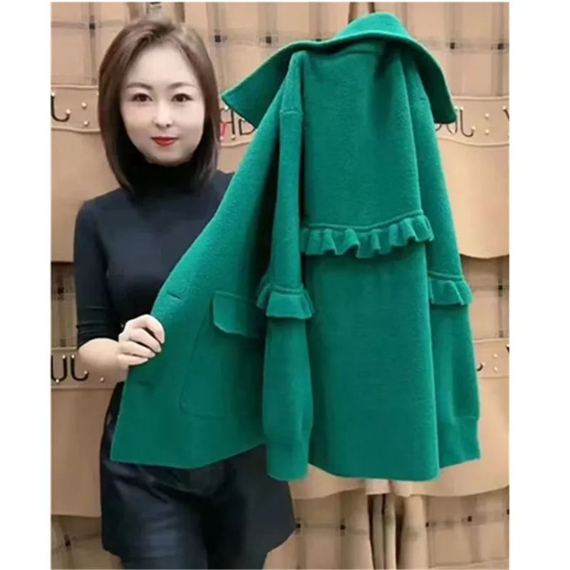 Mom Imitation Double-Sided Short Jacket Woman Spring Autumn New fashion Pocket Loose Wood Edge Woolen Coat Ladies Outerwear W574