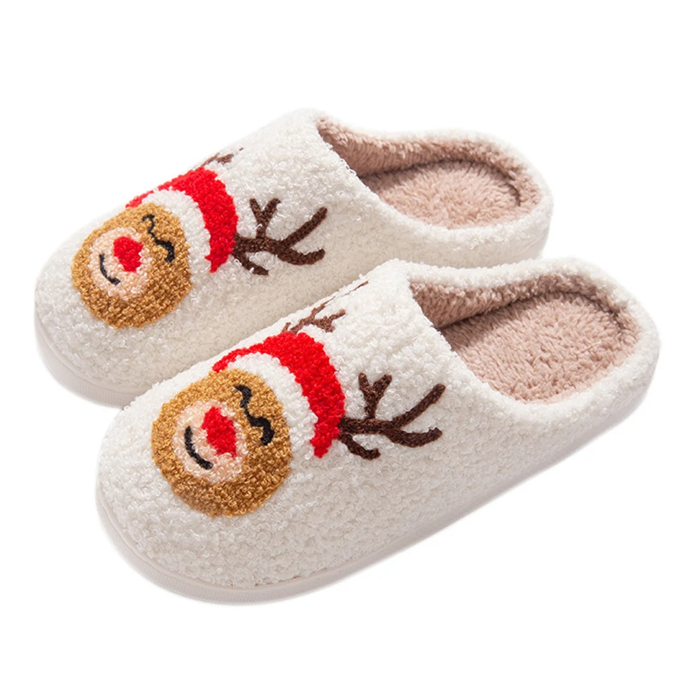 Christmas Elk Plush Slippers Comfortable Warm Slip-on House Shoes Flat Thermal Slippers Furry Reindeer Slipper for Autumn Winter