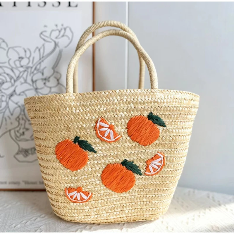 Kokosnuss-Stickerei Strohgewebte Strandtasche, Große Kirsch-Tragetasche, Damen Sommer Casual Urlaubstasche mit Schriftzug – Detail 10