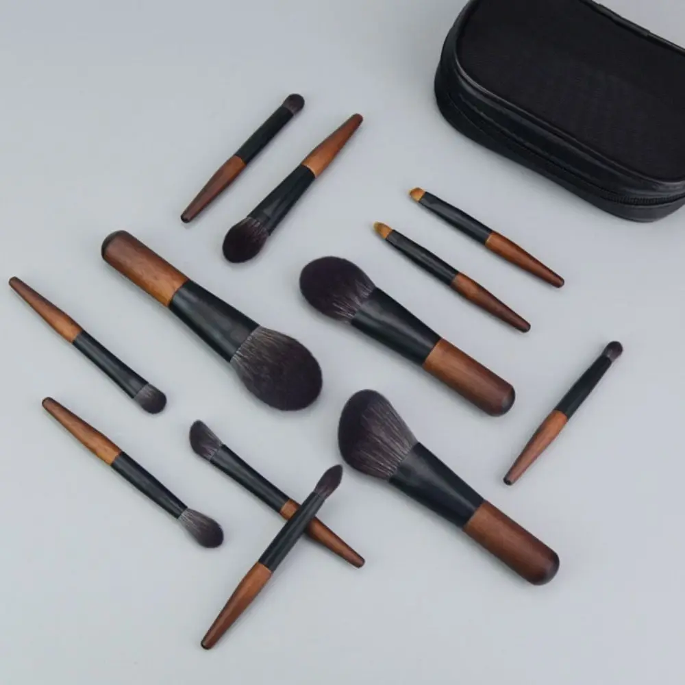 12Pcs Simple Lip liner Mini Makeup Brush Set with Storage Box Wood Concealer Brush Set Furry Blush Eye Brow Roller Brush Women