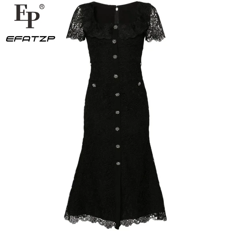 Summer New Long Dress Sexy Lapel Heavy Lace Dress High Waist Thin Women's Clothing 540008