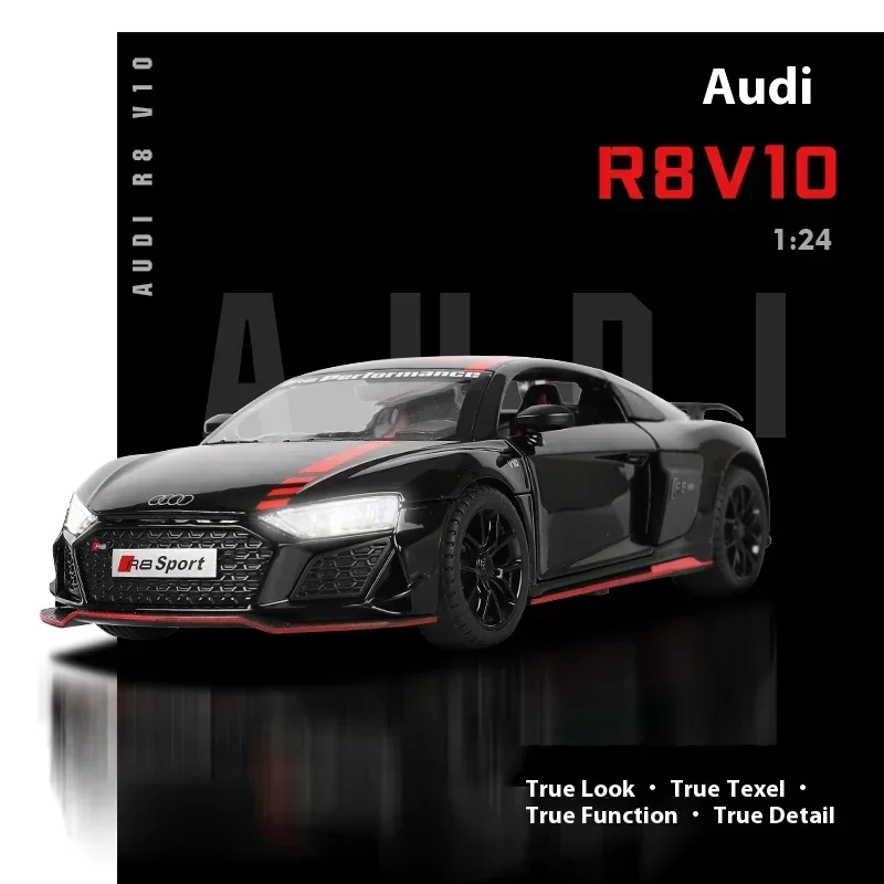 

1:24 Audi R8 V10 Alloy Sports Car Model Diecast Metal Toy Sound And Light Pull Back Toys Indoor Decorations Childrens Toy Gift