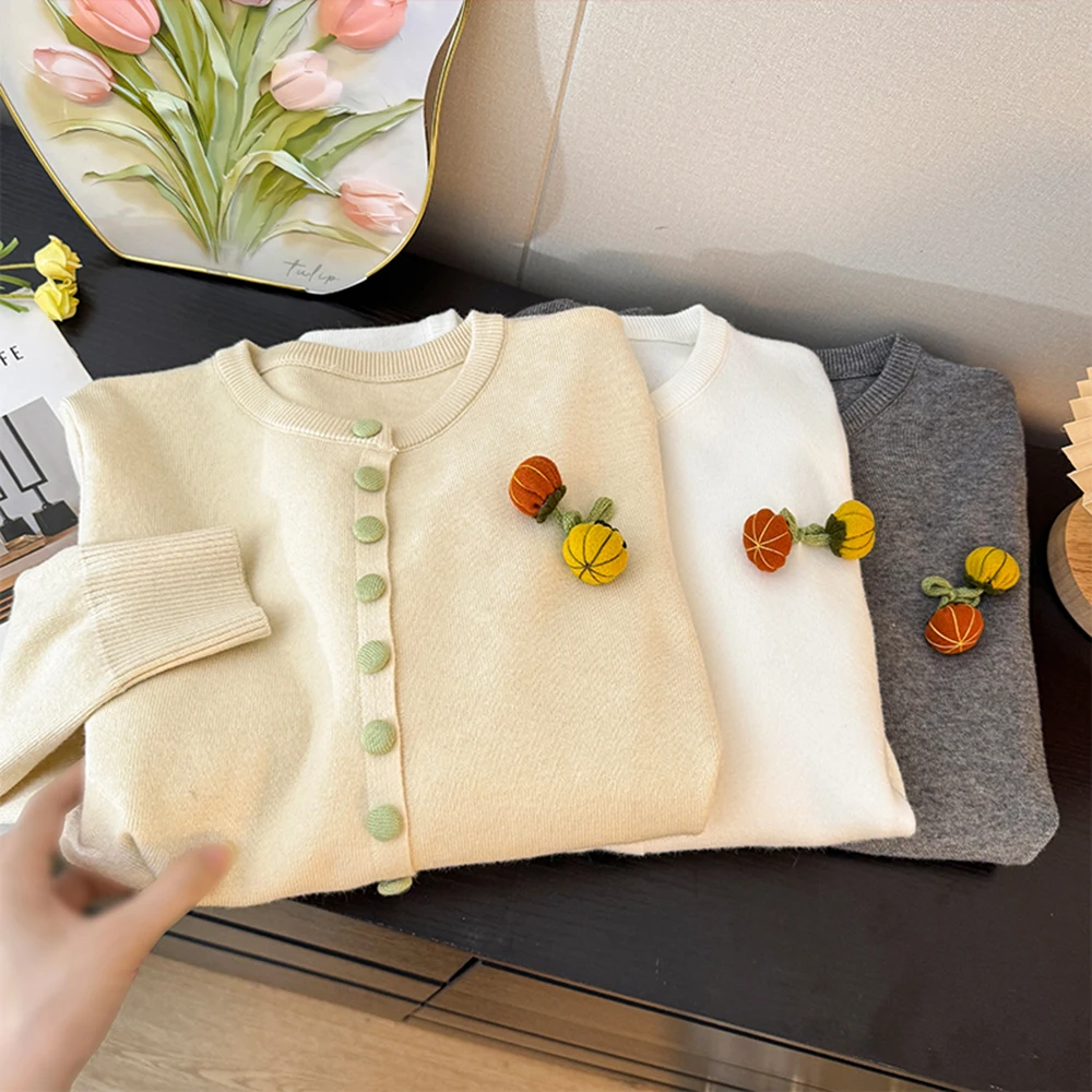 Pumpkin Decoration Cardigan Sweater Colorful Round Neck Knit Cardigan Minimalist Korean Style Top Womens Clothing Casual Wear