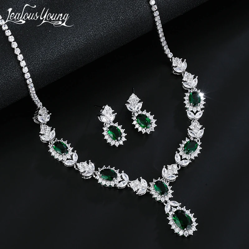 Luxury Green CZ Stone Women Wedding Jewelry Sets With Zirconia Necklace and Earrings Jewelry Set for Brides