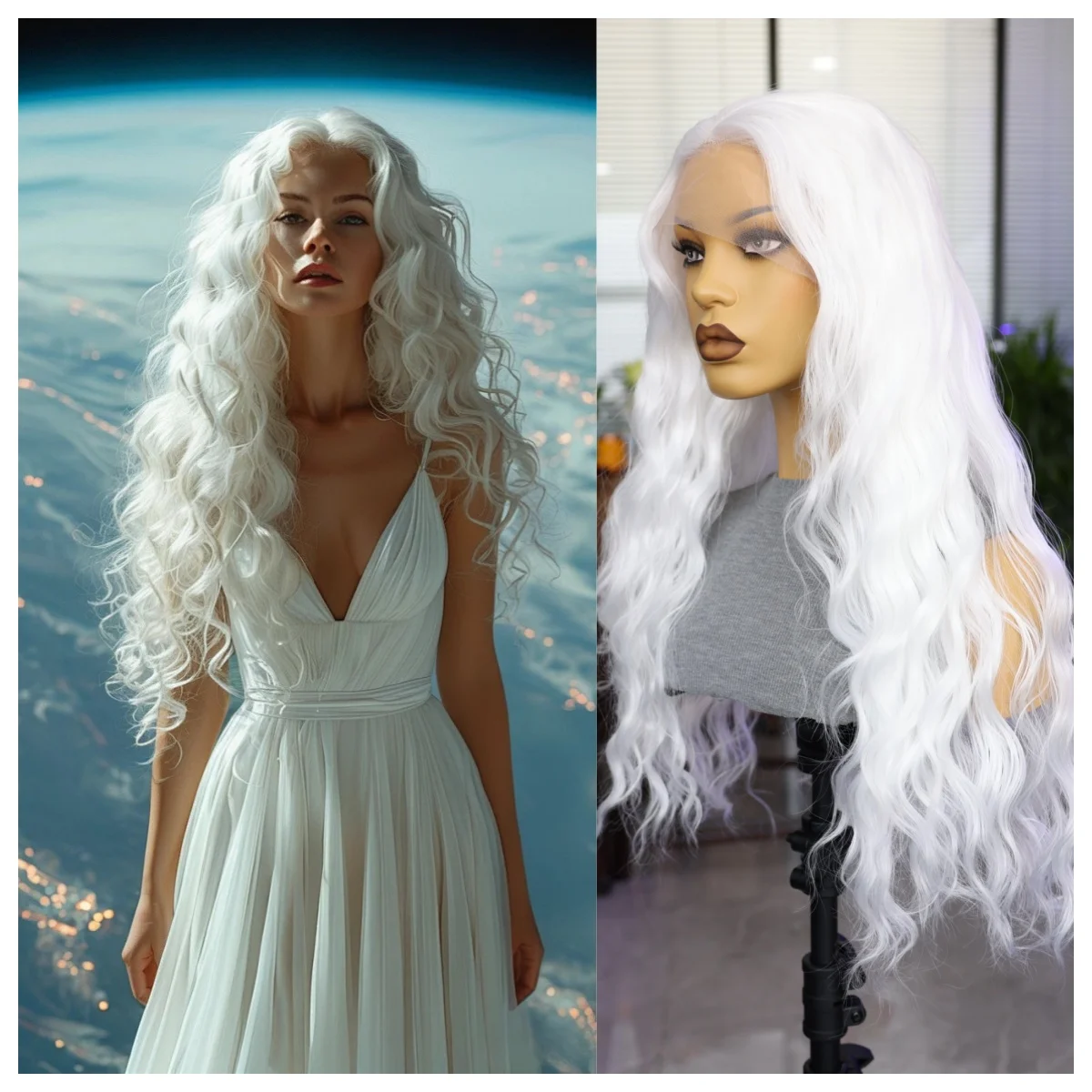 Synthetic Women's Wig White Wavy Long Wig 180 Density Natural Hair Line Adjustable Mesh Cap Suitable For Cosplay Women's Wig