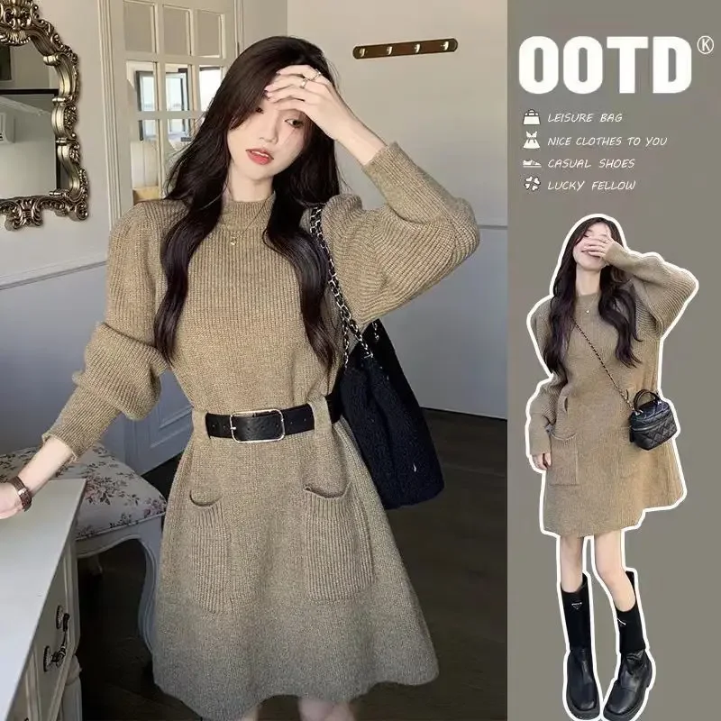 Plus Size Women's Knit Dress Slimming Waist-Fitted Pullover Autumn/Winter New Arrival Fashionable Korean Style Casual Wear