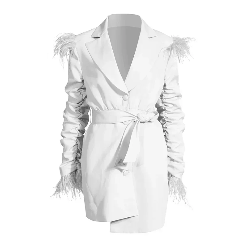 Blazer à plumes roses pour femmes, veste longue avec ceinture, costume de bureau formel, vêtements de travail d'affaires pour dames, manteau de fille à la mode, robe de Rh, 1 pièce