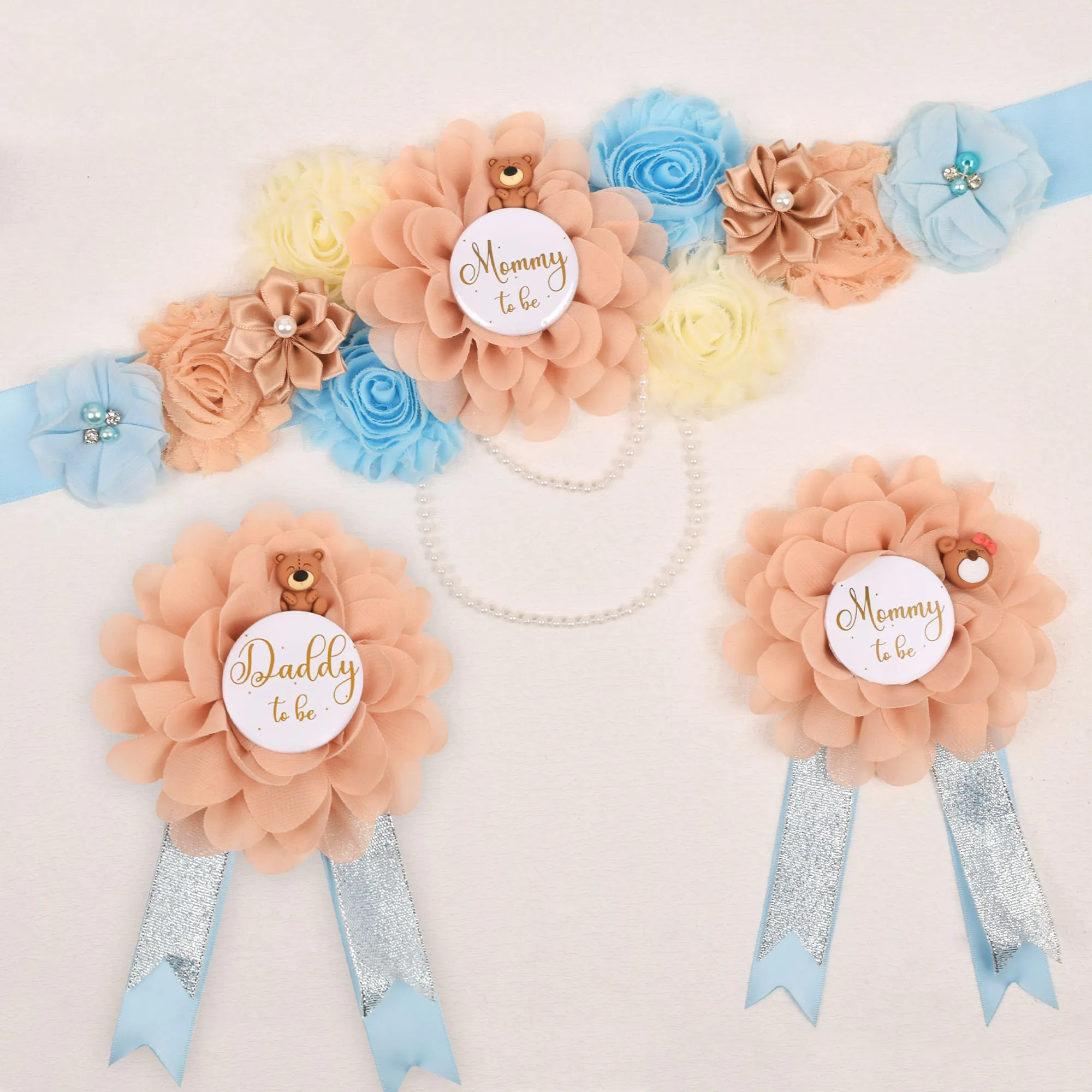 Blue Teddy Bear Maternity Sash Belt Women Brown Bear Flower Sash Pregnancy Belly Belt Photo Props Gift Baby Shower Party Sash